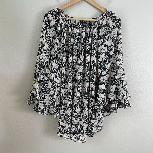Chaps Womens Plus 2X Black White Boho Floral Ruffle Sleeve Blouse Shirt - Picture 8 of 11